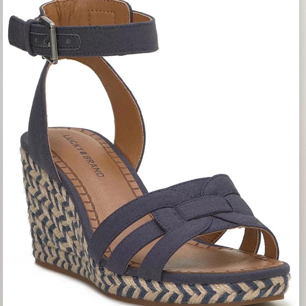 Lucky Brand Maleigh Blue Wedge braided Sandals  navy blue buckle shoe size 7